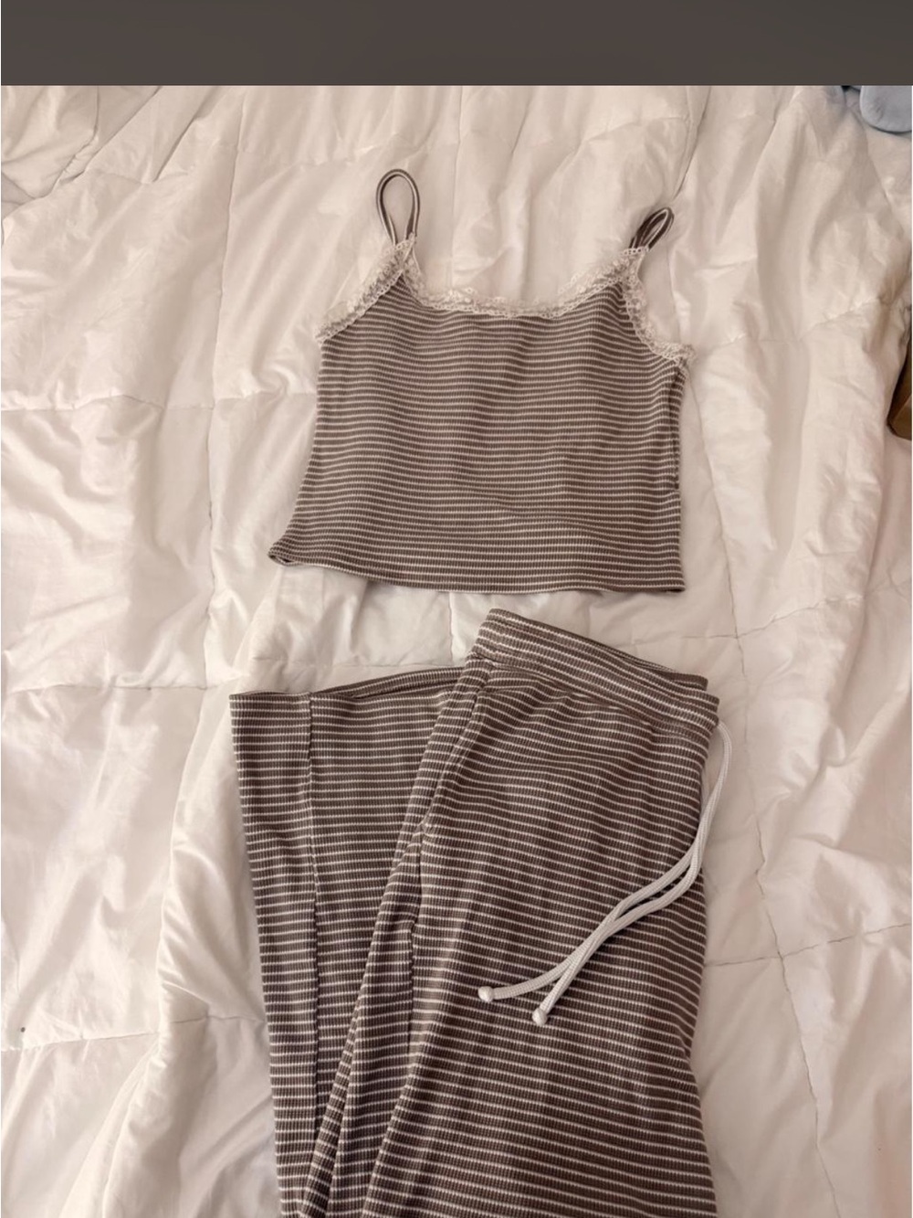 Striped Lace-Trim Cami & Lounge Pants Set - Taupe/White
